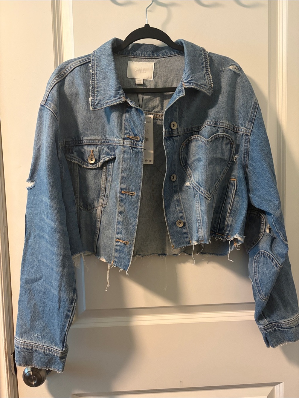 Zara Light Blue Cropped Denim Jacket with Heart Stitch